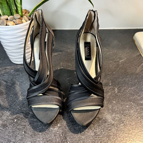 Zara Womens Black Satin Strap Zip Up Open‎ Toe Shoes Stiletto Heels SZ 39, 8.5 - Picture 3 of 15